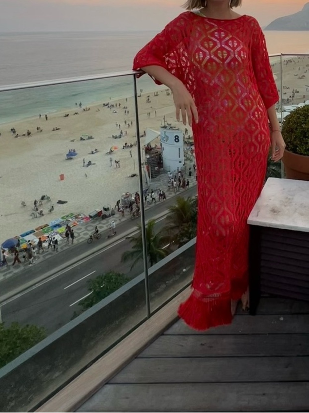 Red Crochet Beach Cover-Up Dress - bracelet set as gift